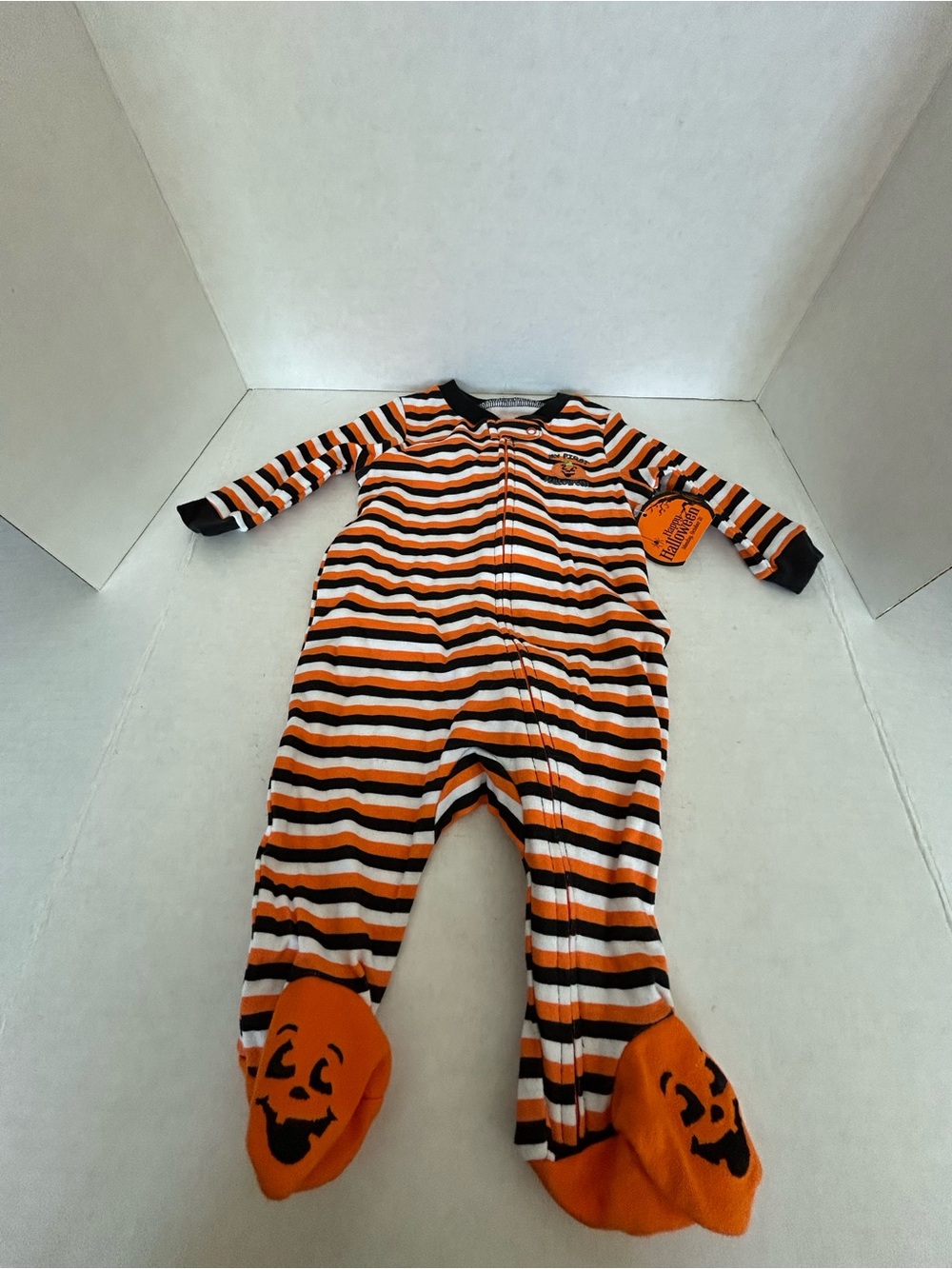 My First Halloween Striped Footed One-Piece Sleeper - Orange/Black/White Sz 0-3M